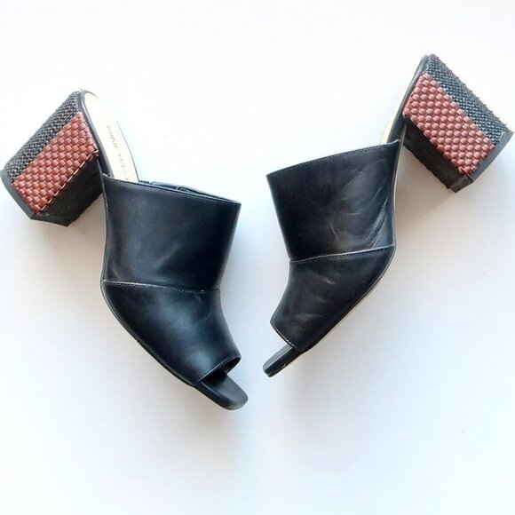 Nine West Janel Black Leather Square Toe Woven Block Heel Mules / Slip On Shoes - Picture 16 of 16